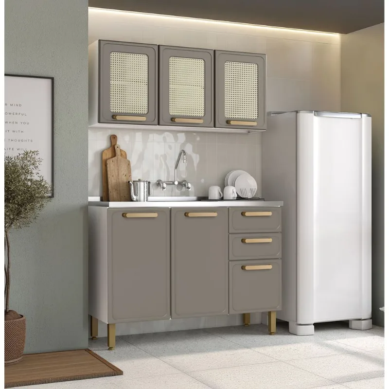 Cocina Integral en acero 191x120x48cm con mesón Pecan