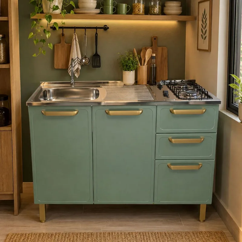 Mueble inferior de acero con dos fogones 120cm Menta Mueble inferior de acero sin mesón 86x120x48cm Pecan