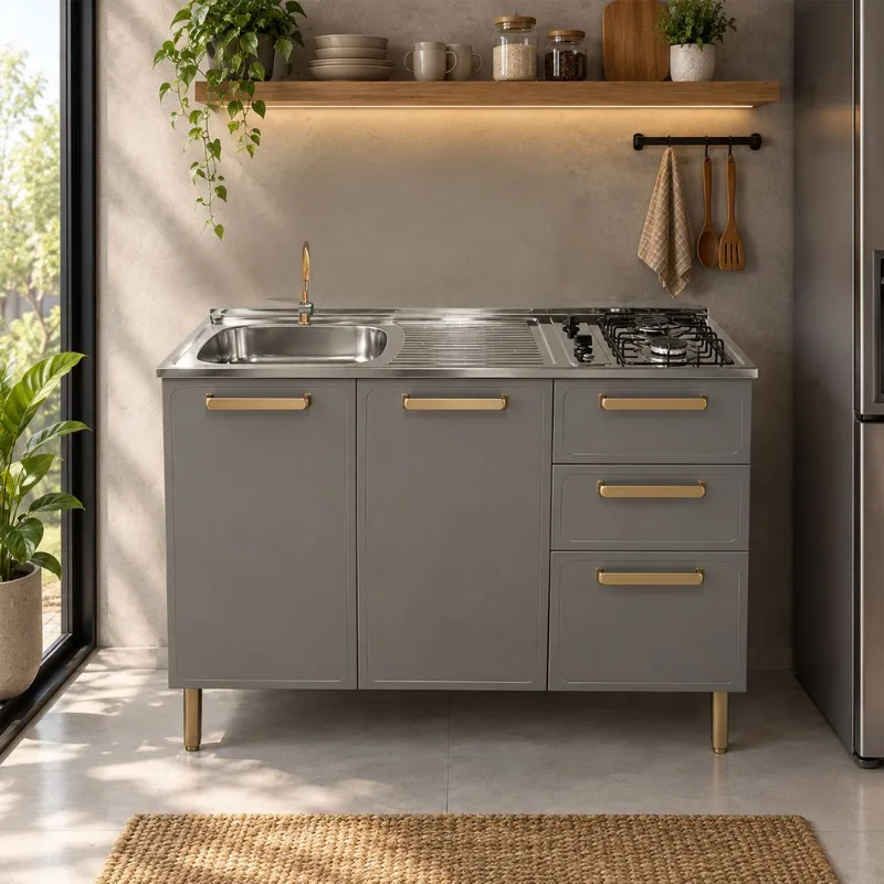 Mueble inferior de acero con lavaplatos y dos fogones Pecan