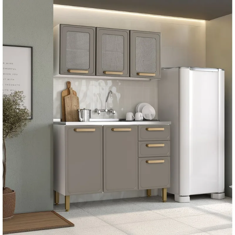 Cocina Integral en acero 191x120x48cm con mesón Pecan
