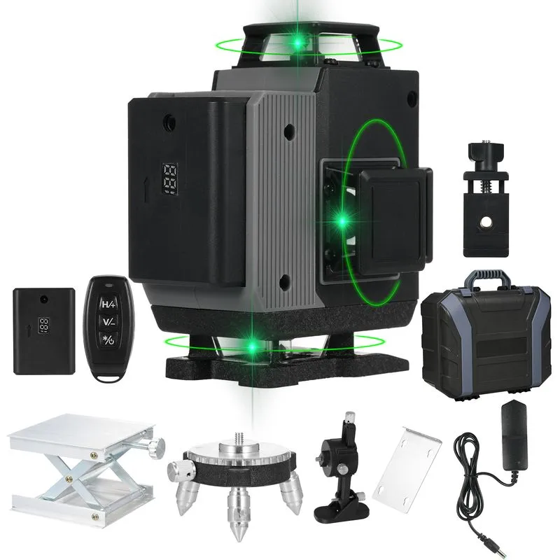 Nível De Laser: 16 Linhas, 4x360°, Linha Cruzada Verde 4d Com Controle Remoto