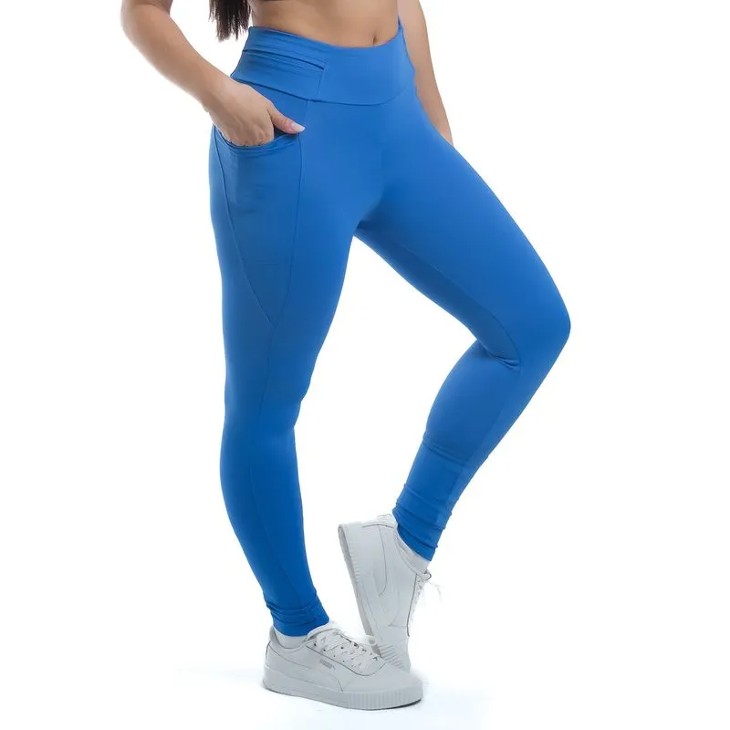 Calça Legging Sem Costura Feminina Basic+ Cintura Alta Poliéster Azul