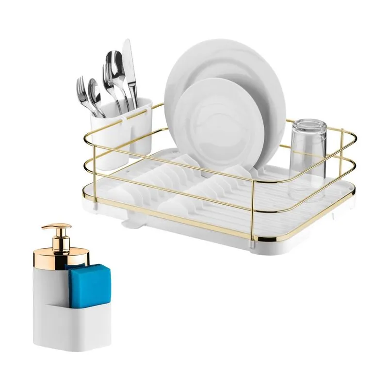 Kit Escorredor De Louças Dispenser Porta Detergente Líquido Esponja Pia Cozinha Branco Dourado - Future