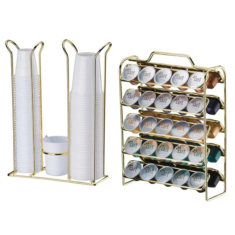 Kit Suporte Porta 50 Cápsulas Café Nespresso Organizador Copos Descartáveis Dourado - Future