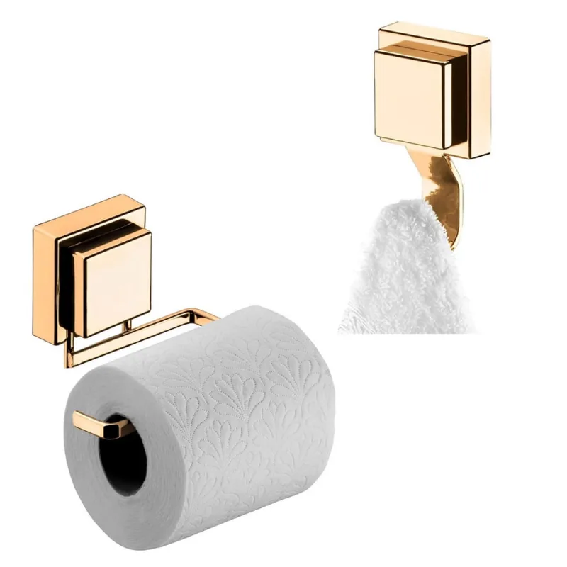 Kit Suporte Papel Higiênico Gancho Multiuso Porta Toalha Banheiro Ventosa Dourado - Future
