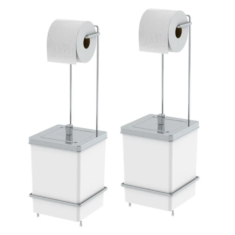 Kit 2 Suporte Porta Papel Higiênico Com Lixeira Quadrada 6,5L Banheiro Branco Cromado - 1632BCC Future