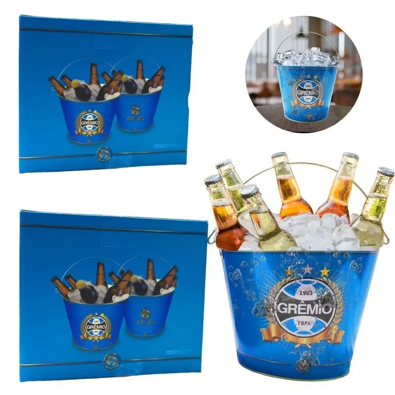 Kit 2 Baldes Alumínio Gelo Grande Azul Escudo Grêmio Cerveja