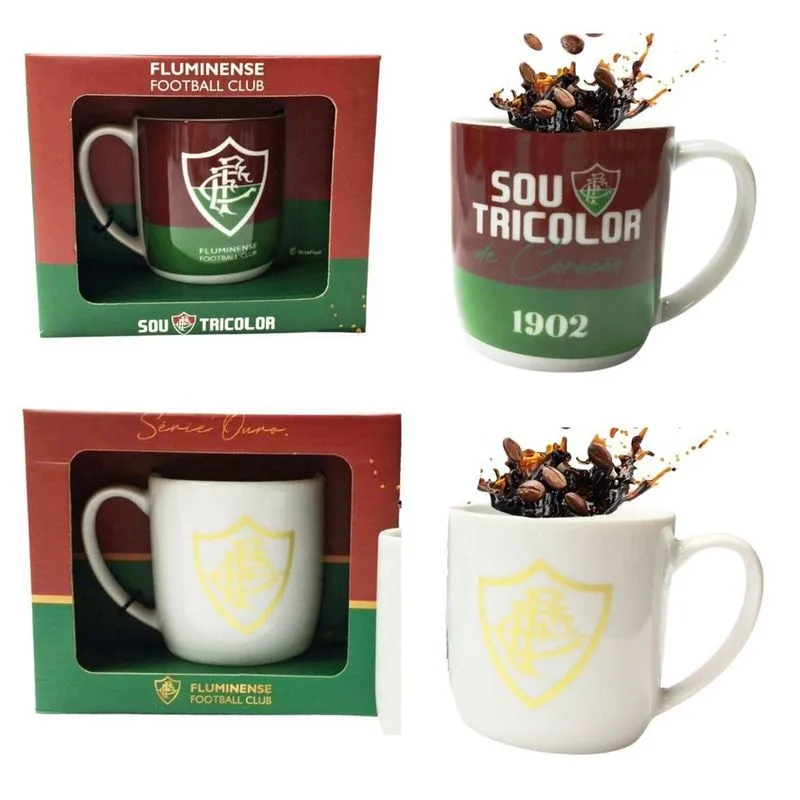 Kit 2Un Canecas Porcelana Branca Tricolor 300Ml Café Sou
