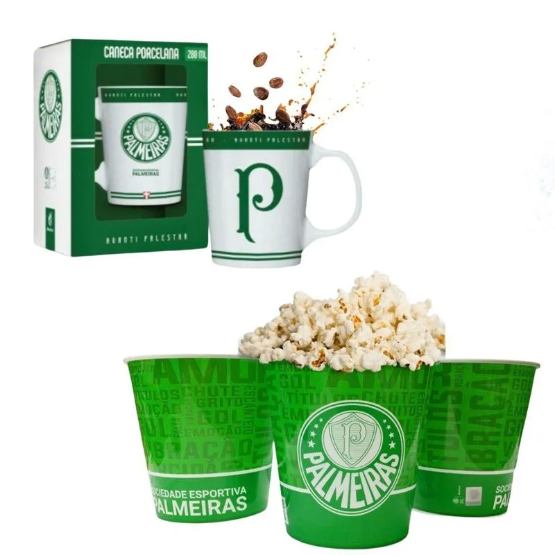 Kit Balde Pipoca Verde 2,5l + Caneca Xícara Porcelana Branca