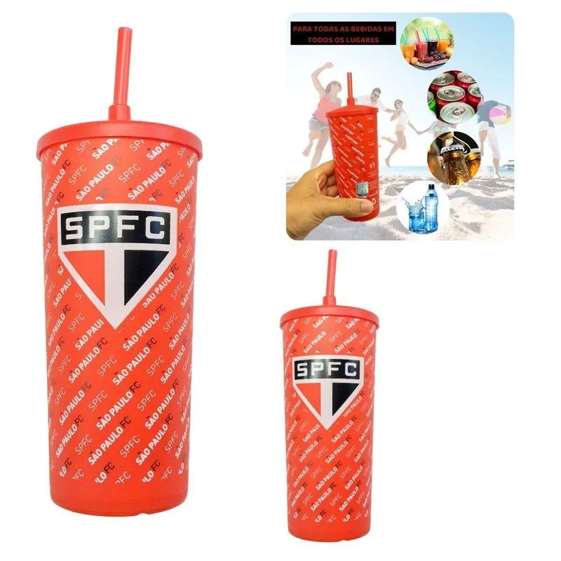 Kit 2un Copo Plástico Vermelho Tampa + Canudo 500ml Infantil