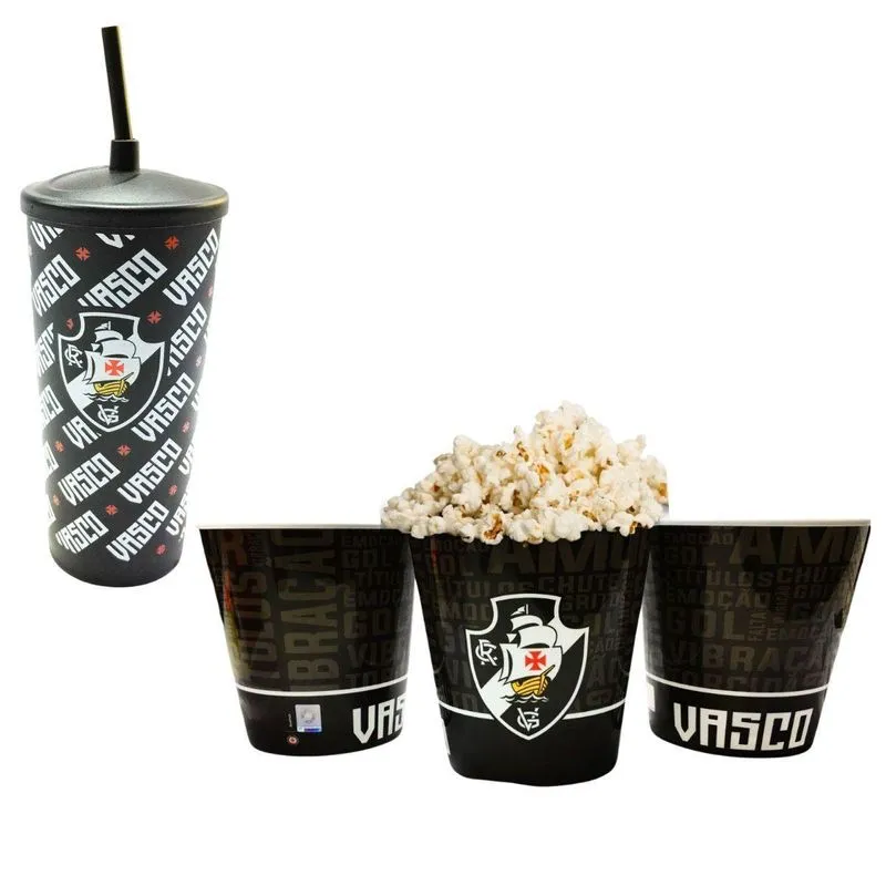 Kit Copo + Balde Pipoca Plástico Preto Tampa Canudo 500ml