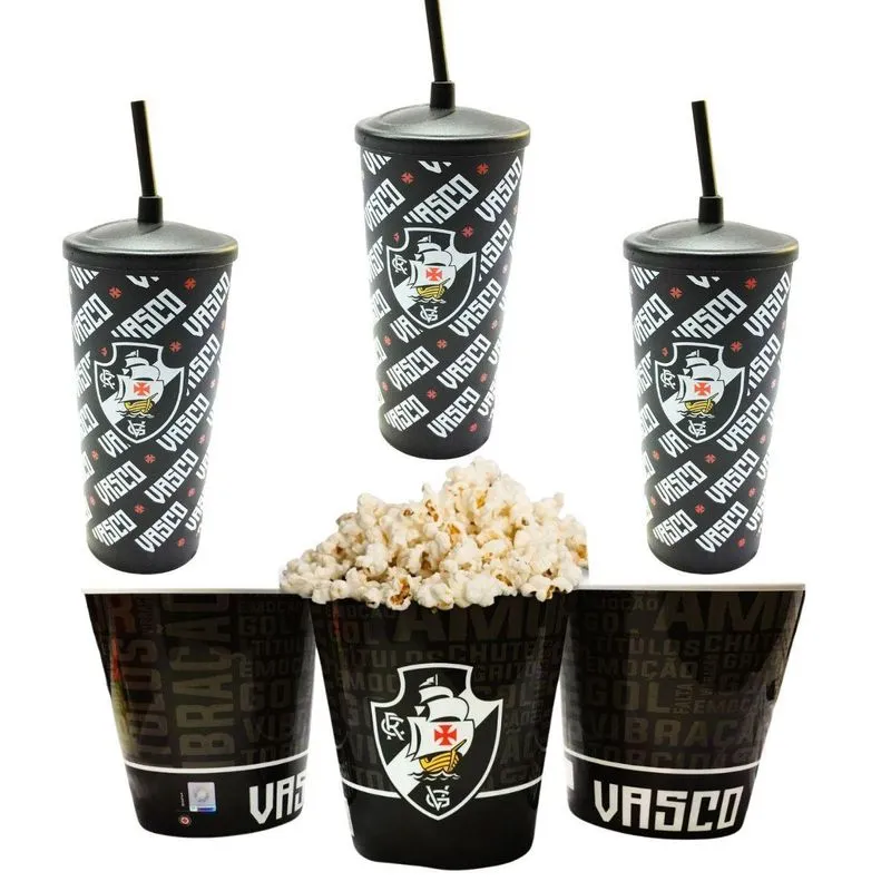 Kit 3 Copos + Balde Pipoca Plástico Preto Tampa Canudo 500ml