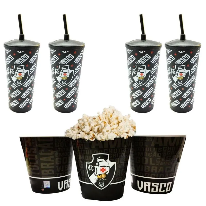 Kit 4 Copos + Balde Pipoca Plástico Preto Tampa Canudo 500ml