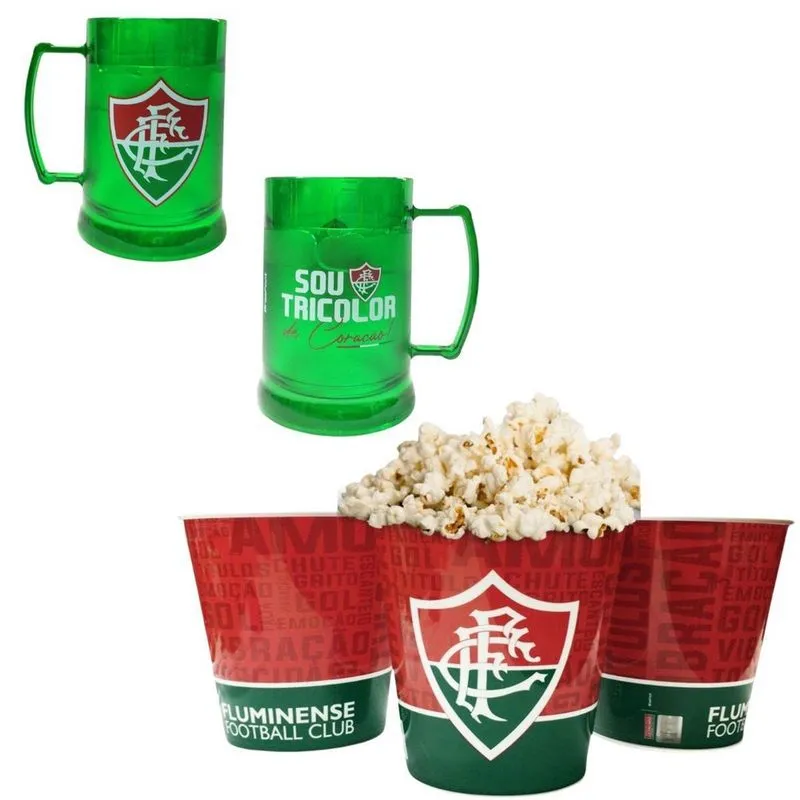 Kit Balde Pipoca 2,5L + Caneca Gel Cerveja Gelada Fluminense