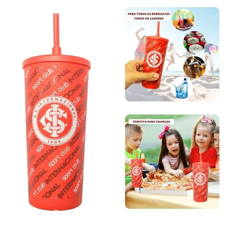 Copo Plástico Vermelho Tampa Canudo 500ml Infantil Bebidas