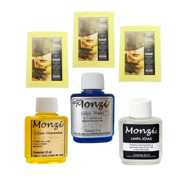 Kit 3un Monzi 35ml Limpa Chapeados Prata Ouro Jóia 3un