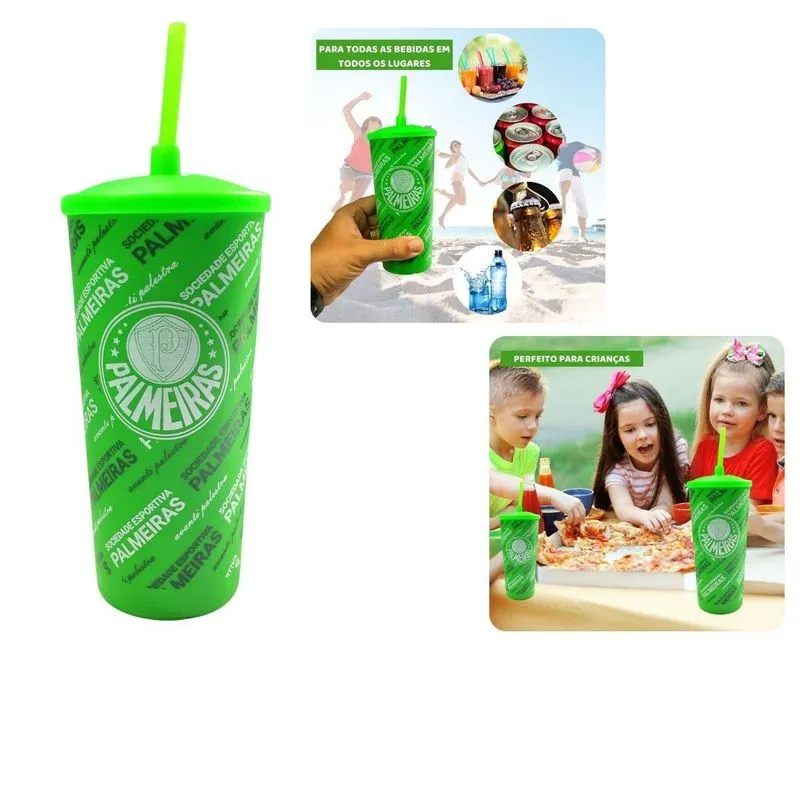 Copo Plástico Tampa Canudo 500ml Infantil Crianças Time