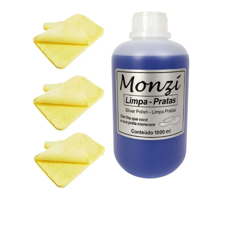 Kit 1 Limpa Pratas 925 Monzi 1000ml Grande + 3 Flanela Pano