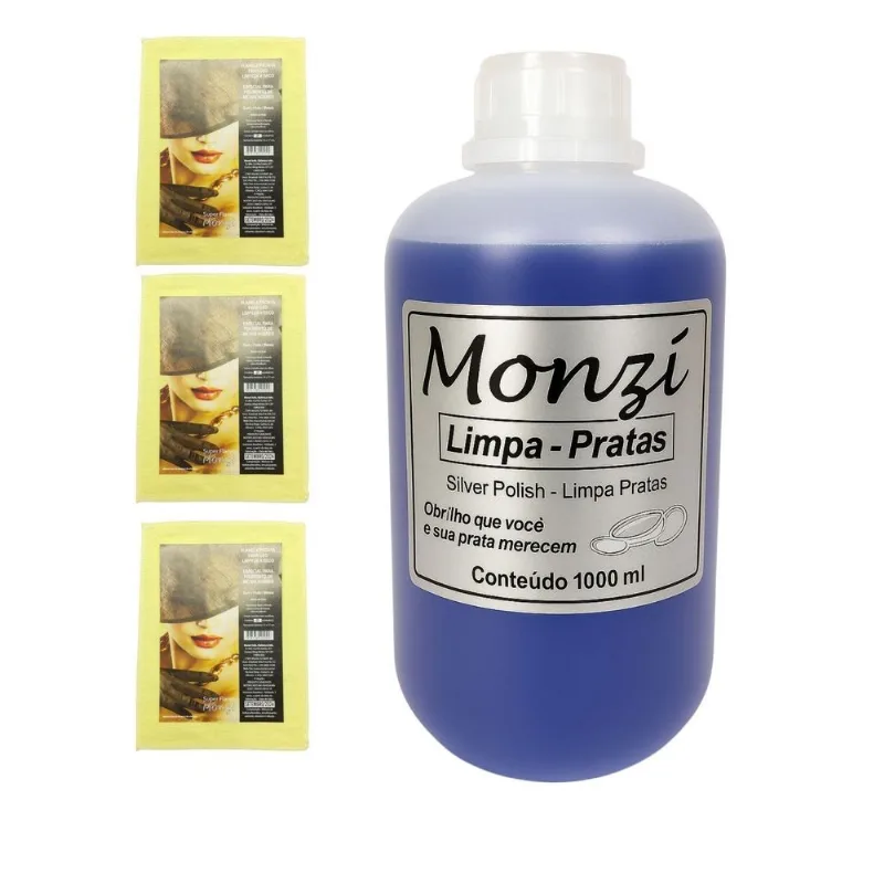 Kit 1 Limpa Pratas 925 Monzi Azul 125ml Grande + 3 Flanela