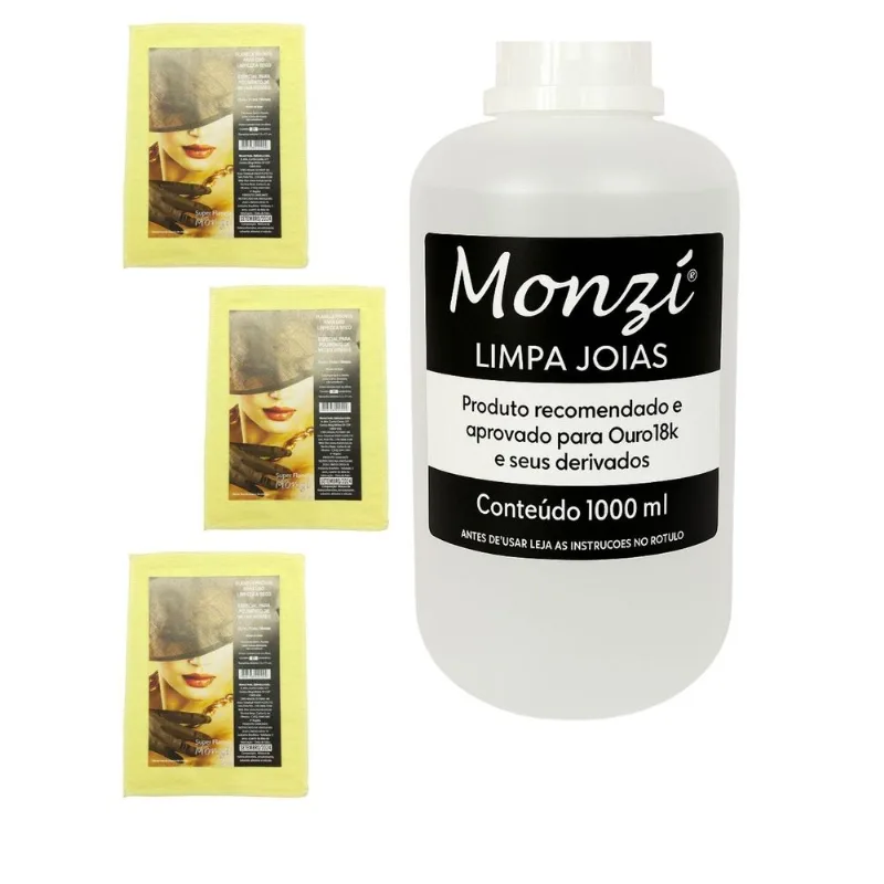Kit 1 Limpa Jóias Ouro Monzi 1 Litro Grande 1000ml + 3