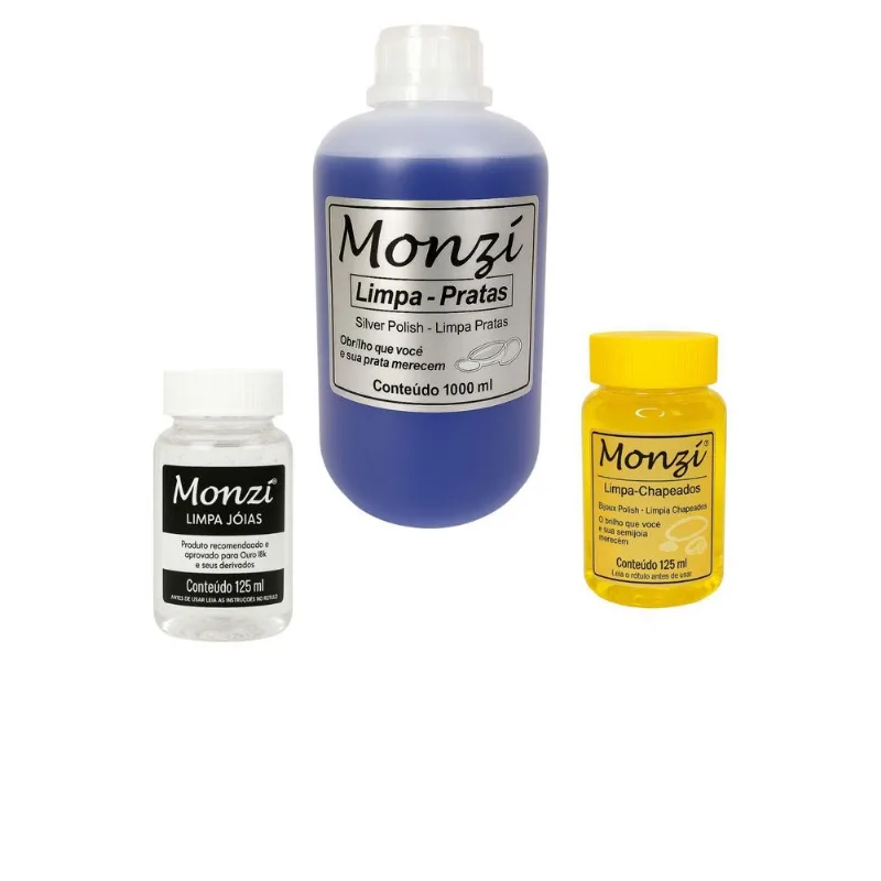 Kit 1 Limpa Prata 925 Monzi 1 Litro + 2 Limpa Chapeados