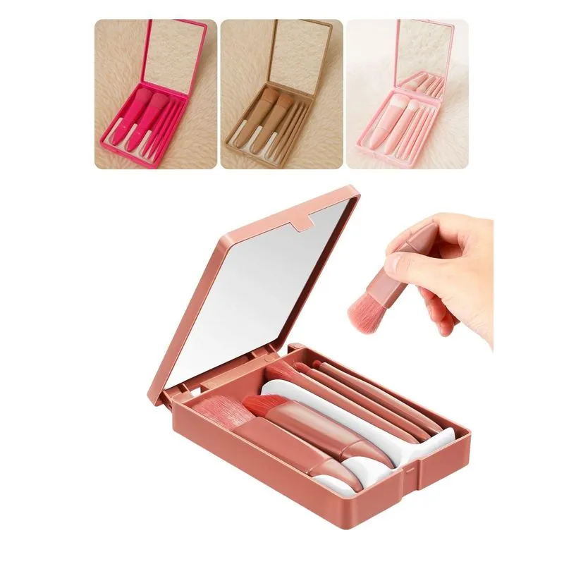 Kit Mini Espelho Maquiagem Portátil 5 Pincéis Lupa Sombra