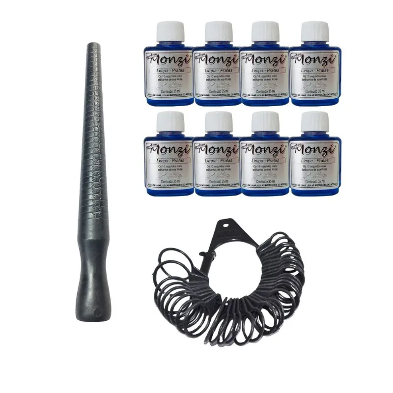Kit 8 Limpa Pratas Monzi 35ml + 1 Bastão Medidor Anel + 1