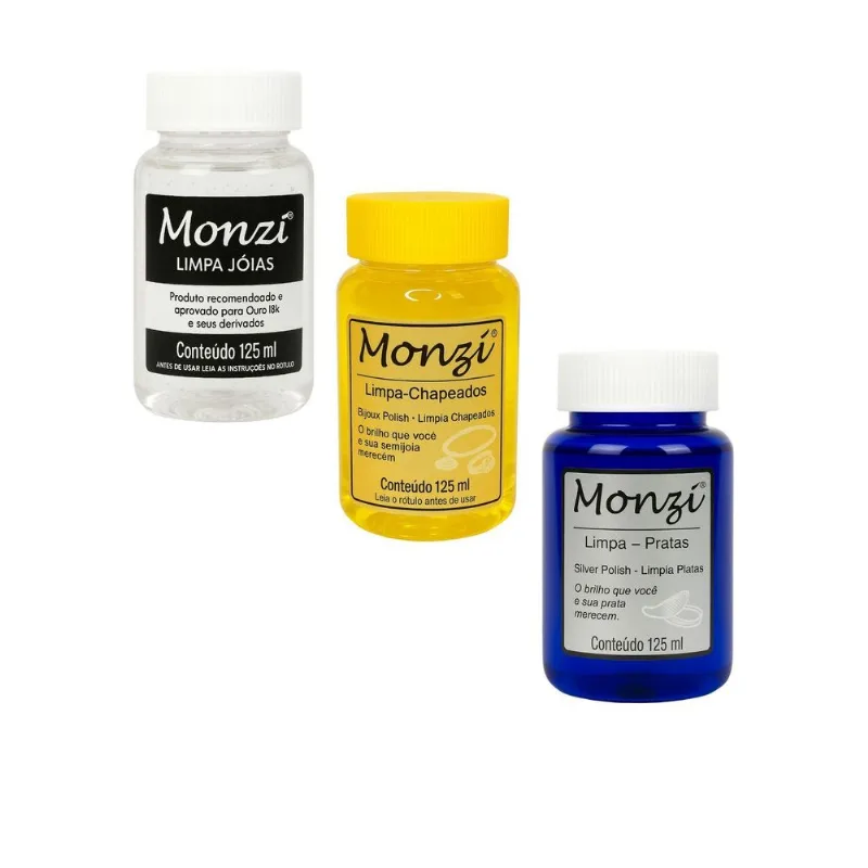 Kit Completo 3un Monzi 125ml Limpa Chapeados Prata 925 Ouro