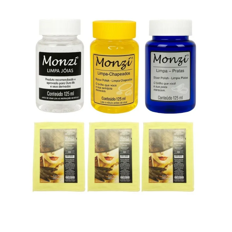 Kit Completo 3 Monzi 125ml Limpa Chapeados Prata Ouro + 3