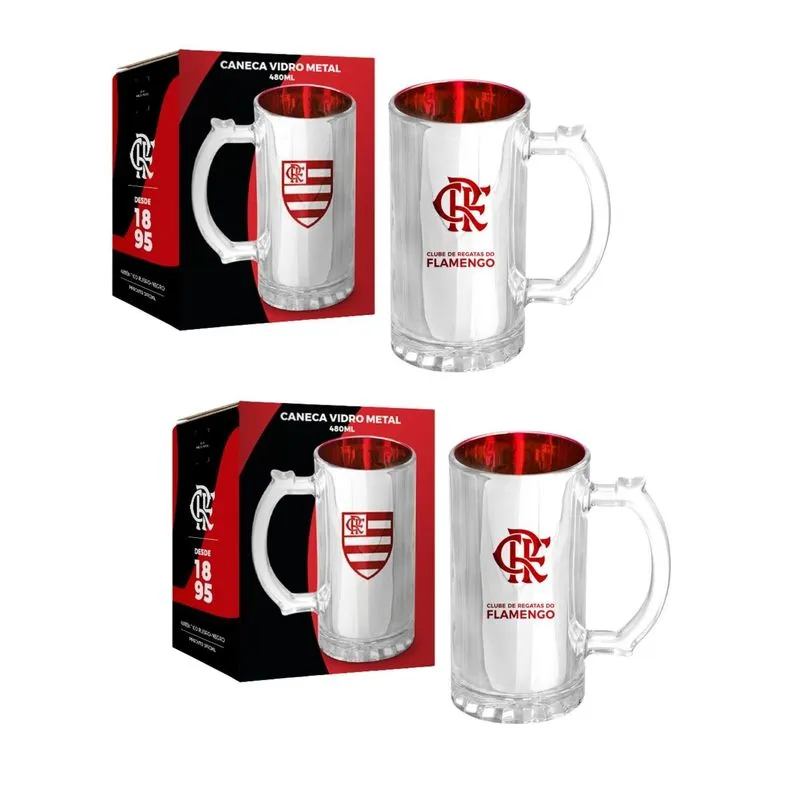 Kit 2 Caneca Vidro Reforçado Metalic 480ml Flamengo Oficial