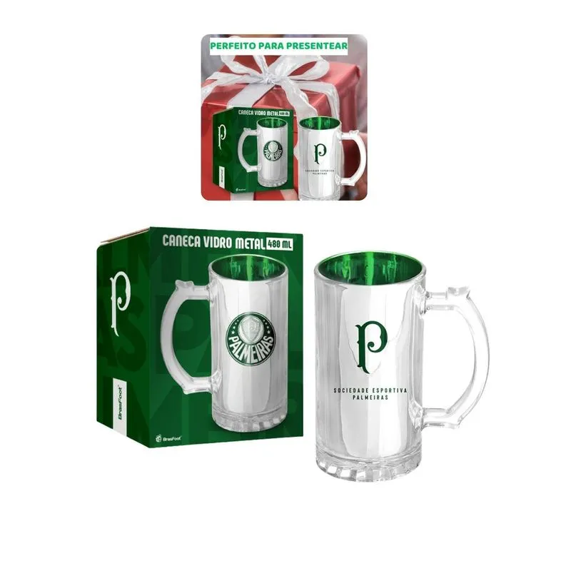 Caneca Vidro Reforçado Metalic 480ml Cerveja Palmeiras