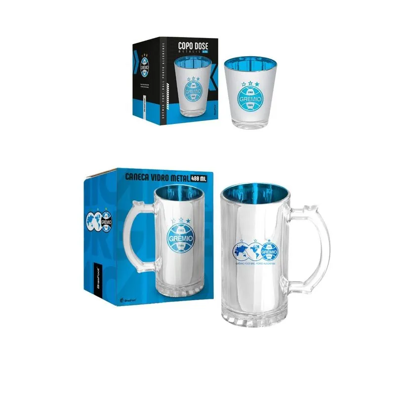 Kit Caneca 480ml+ Copo Dose 55m Metalic Vidro Grêmio Oficial