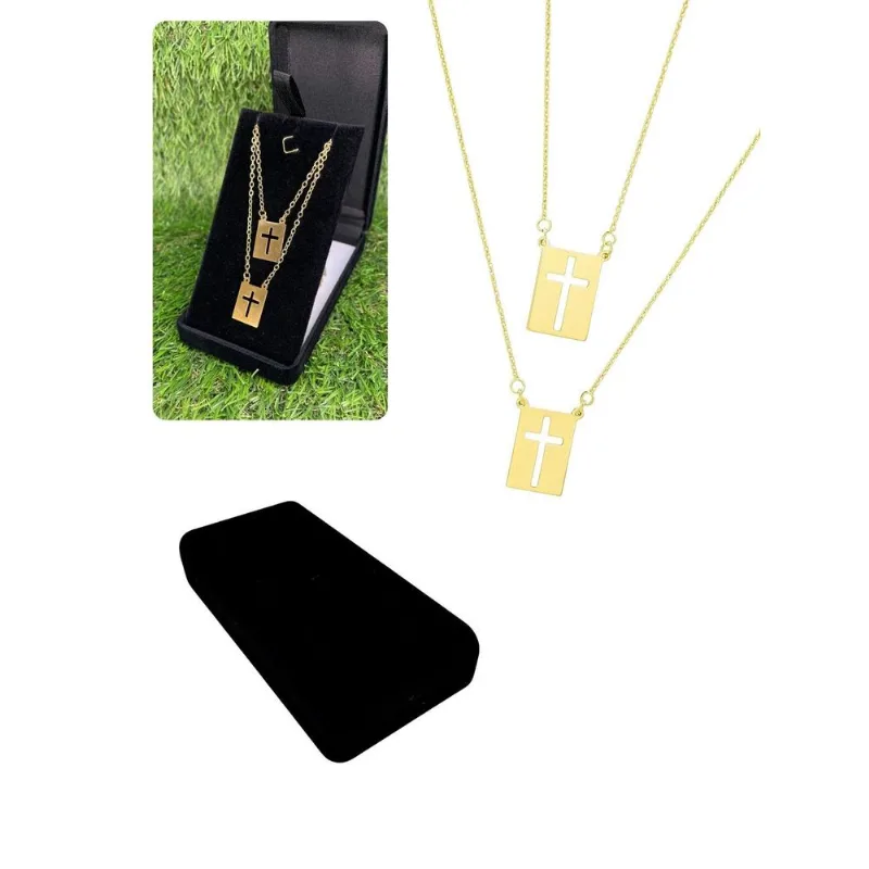 Kit Caixinha Veludo+ Cordão Escapulário 70c Dourado Cruz Aço