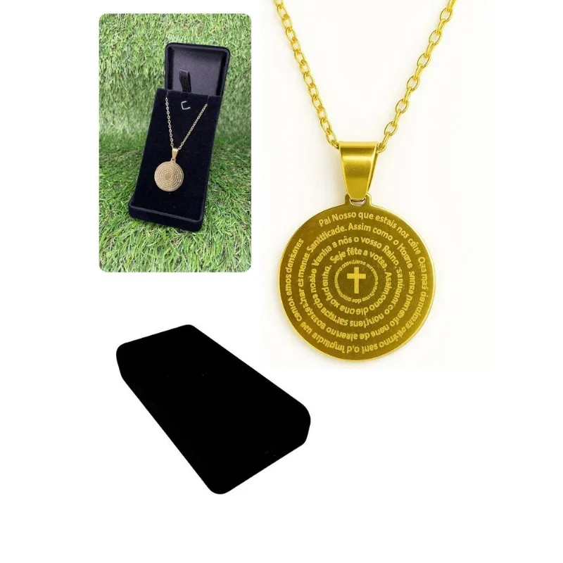 Kit Caixinha Veludo +cordão Colar 50cm Pai Nosso Dourado Aço