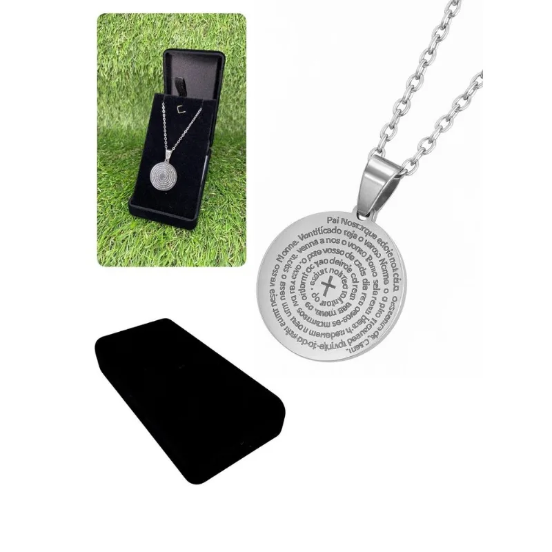 Kit Caixinha Veludo + Cordão Colar 50cm Pai Nosso Prata Aço