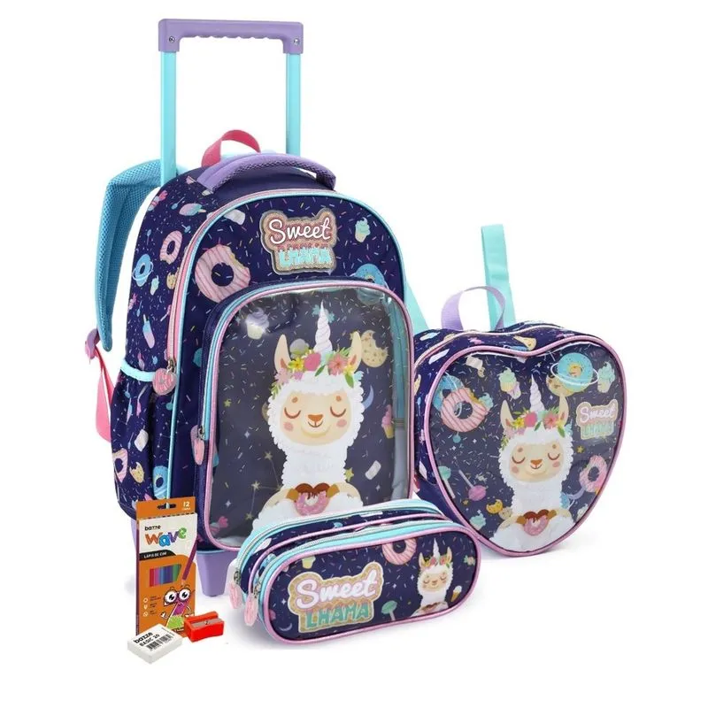 Kit Mochila Escolar com Rodinhas para Menina, Lancheira e Estojo com Kit Lapis de Cor Sweet Lhama