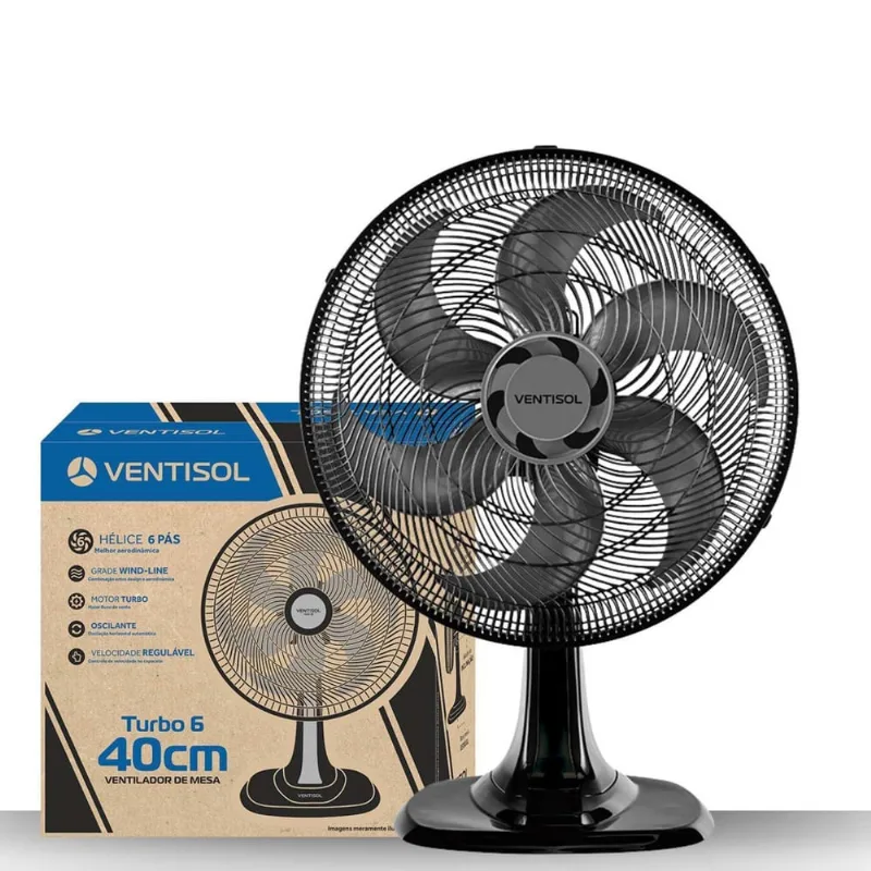 Ventilador De Mesa Preto Turbo 40Cm Potente Silencioso 6 Pás