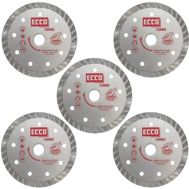 Kit 5 Disco De Corte Diamantado Turbo 110Mm X 20Mm Anel 16Mm