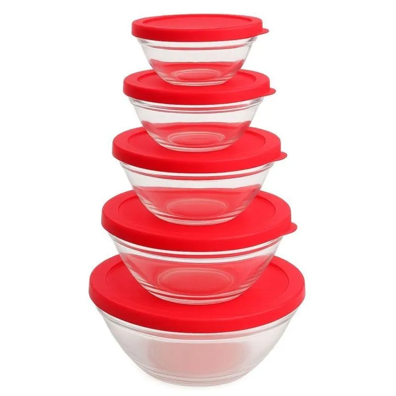 Conjunto 5 Potes De Vidro Redondos Para Armazenar Alimentos Com Tampa Hermética Vermelho Wellmix
