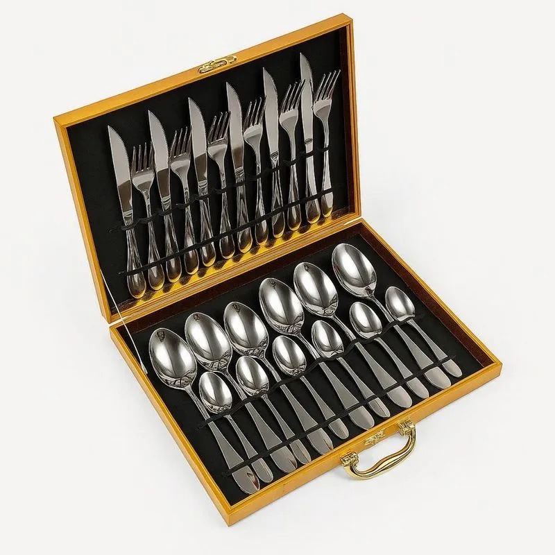 Faqueiro 24 Peças Talheres Em Inox E Maleta Em Mdf Aço Inox Para Mesa Dourado