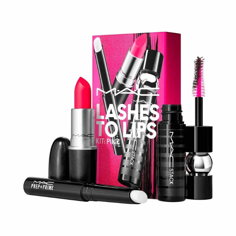 LASHES TO LIPS Prep <(>&<)> Prime Lip full size + Retro Matte Lipstick Relentlessly Red full size y Mini MACStack Mega Brush Mascara