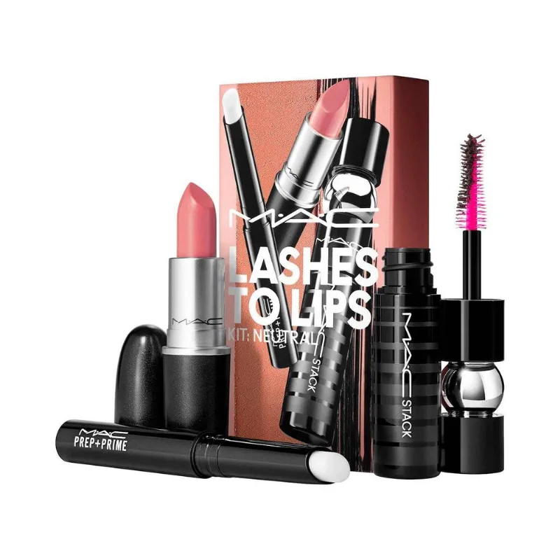 LASHES TO LIPS Prep <(>&<)> Prime Lip full size + Matte Lipstick Velvet Teddy full size + Mini MACStack Mega Brush Mascara