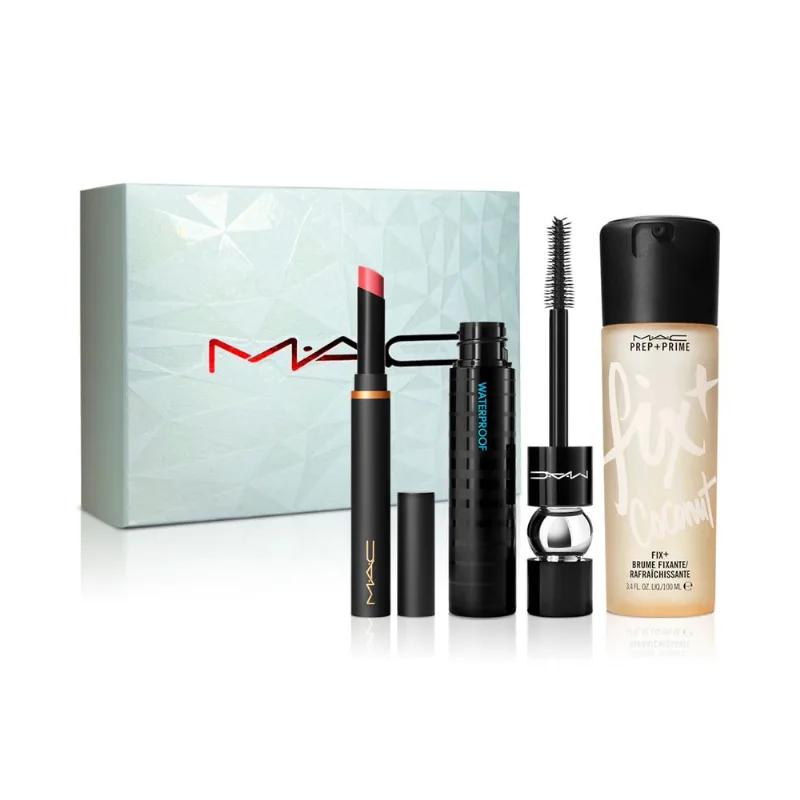 PRIME KISS STACK KIT Prep + Prime Fix Coconut 100 ml + Powder Kiss Velvet Blur Slim Stick Stay Curious y Macstack Waterproof Mascara Black 12 ml