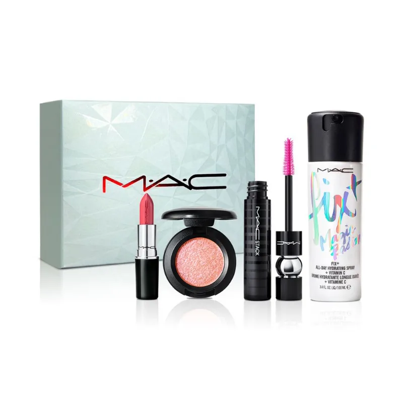 KIT THE LAST DANCE Lustreglass Sheer Shine Lipstick Pigment 3 g + Dazzle Shadow Last Dance + Macstack Mascara Black 12 ml y Fix + Magic Radiance 100 ml