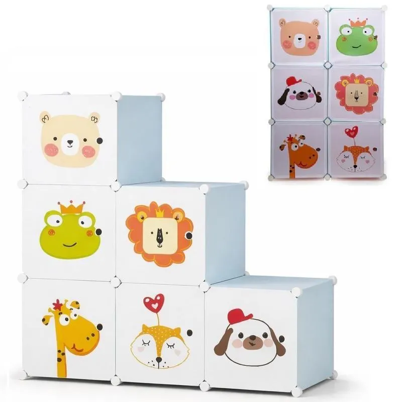 Guarda Roupa Infantil Modular 6 Portas De Bater Plástico Azul E Branco Com Desenhos Ghittoni