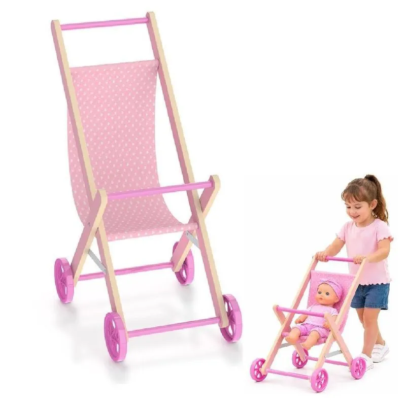 Carrinho De Boneca Passeio Dobrável Em Mdf Infantil Rosa Junges
