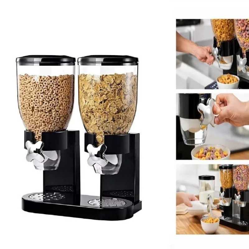 Dispenser Duplo de Cereais Porta Mantimentos 2 Potes Herméticos Preto Kangur