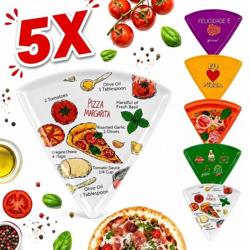 Kit 5 Pratos Para Pizza Formato Triangular Melamina Divertido Estampado Para Cozinha Pizzaria