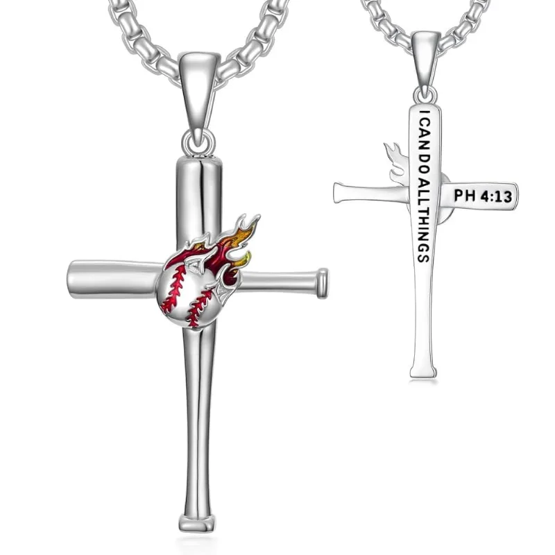 Colar Com Pingente De Cruz De Beisebol, Design De Chama Com Escritura