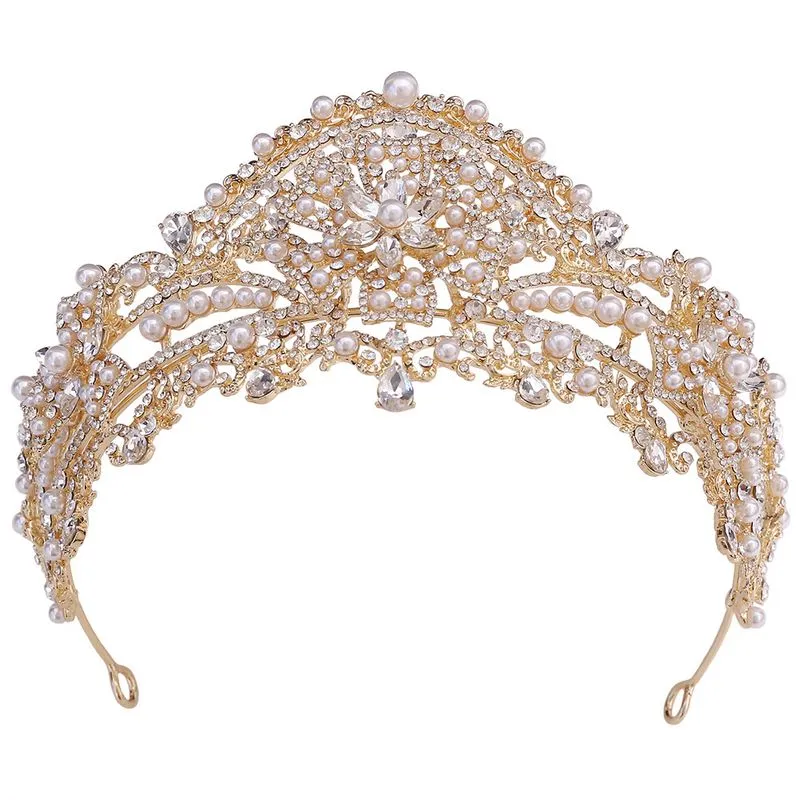 Luxuosa Tiara Dourada Com Pérolas E Cristais Para Noivas